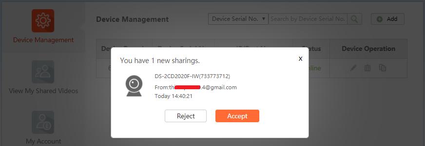 Bước 3 : Nhập email hoặc số điện thoại người cần share, chọn thiết bị và bấm Submit Bước 4 : Đăng nhập tài khoản Hik-Connect được share