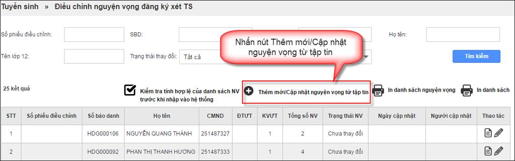 Bước 9: Trên màn hình Thêm mới/cập nhật nguyện vọng từ tập tin, ĐTN import file danh sách nguyện vọng vào hệ thống. Hệ thống trả về file kết quả, ĐTN kiểm tra lại file trả về.