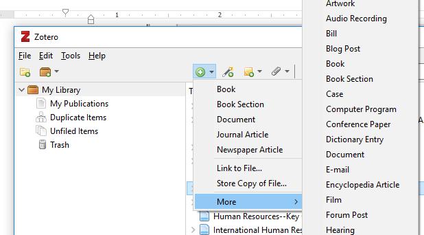 2.6. Tạo thủ công thông tin trích dẫn của một tài liệu mới Click vào biểu tượng và chọn loại tài liệu từ menu thả (chú ý xem More để xem danh mục nhiều loại hình tài liệu khác) Ví dụ: Chọn Book