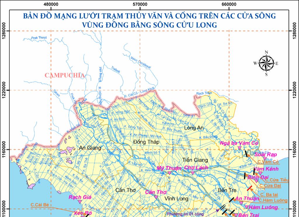Hình 9: Vị trí các trạm thủy văn và cống trên cửa sông lớn ĐBSCL Bảng 01: Độ mặn max (g/l) tại 9 cửa sông ĐBSCL từ tháng 1 đến tháng 6 năm 2050 Tên trạm Mặt cắt Tháng 1 Tháng 2 Tháng 3 Tháng 4 Tháng