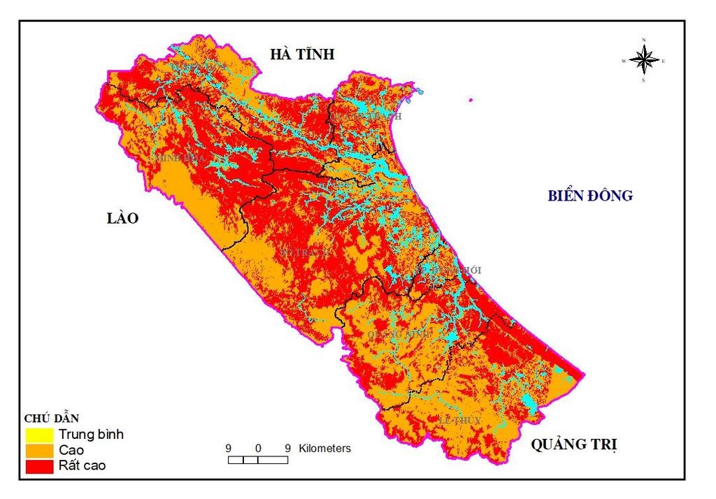 133 Hình 3.16. Bản đồ phân cấp nguy cơ cháy rừng theo kịch bản RPC 4.5 yếu tố nhiệt độ tỉnh Quảng Bình Dựa vào kịch bản biến đổi nhiệt độ (RCP 4.