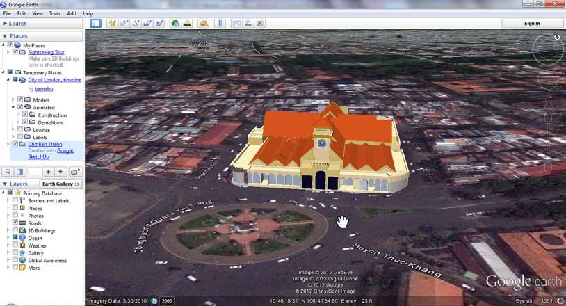 Hình 5: Xuất mô hình 3D SketchUp sang định dạng KML/ KMZ và hiển thị trong Google Earth Việc xây dựng mô hình 3D cho các công trình kiến trúc có thể sử dụng mô hình số bề mặt (Digital Surface Model)