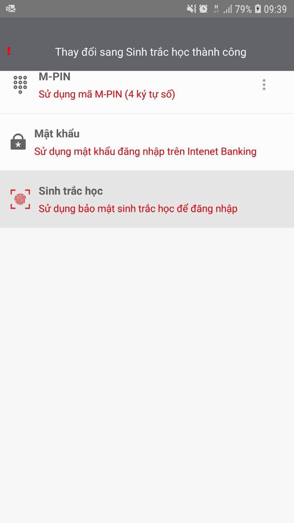 hiện ra cửa sổ Touch ID cho MSB mbank Bước 8: Ứng dụng hiển thị thông báo Thay đổi