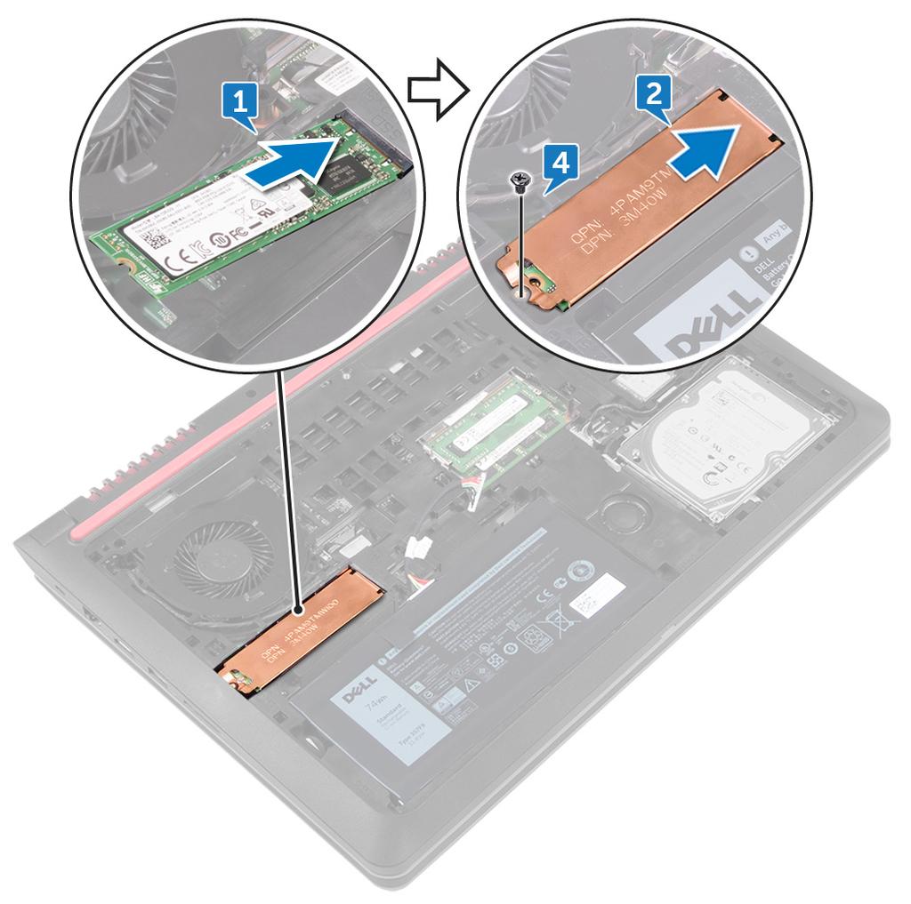 4 Lắp lại con vít (M2x3) để giữ chặt ổ đĩa thể rắn và tấm chắn ổ đĩa thể