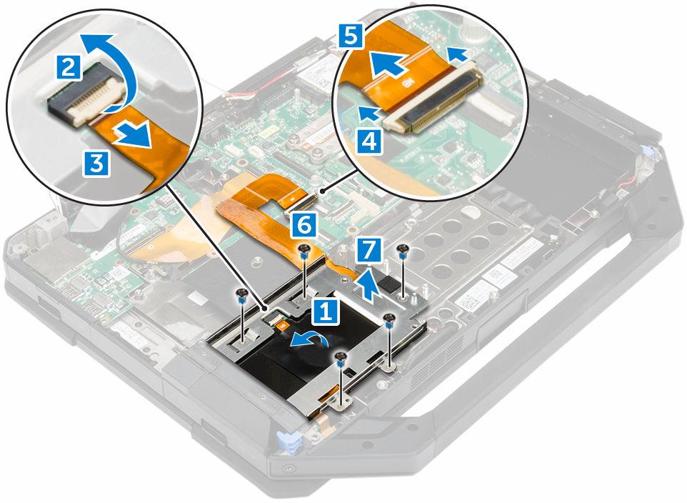 a. pin b. ổ đĩa cứng c. ổ đĩa quang d. nắp đế 3. Để tháo khay ổ đĩa cứng: a. Lột lớp băng dính [1]. b. Nhấc chốt lên [2] và ngắt đấu nối dây cáp ổ đĩa cứng ra khỏi đầu nối [3]. c. Nhấc chốt lên [4] và ngắt đấu nối dây cáp bo mạch hệ thống ra khỏi đầu nối [5].