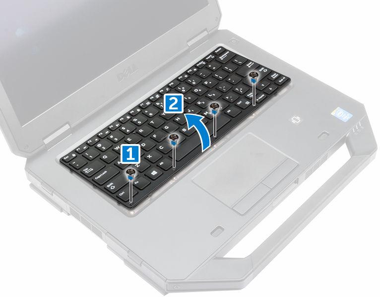 b. Nạy dọc các mép và lật bàn phím qua màn hình [2]. 4. Để tháo bàn phím: a. Tháo các vít đang giữ cửa bàn phím [1]. b. Nhấc cửa bàn phím ra khỏi máy tính [2].