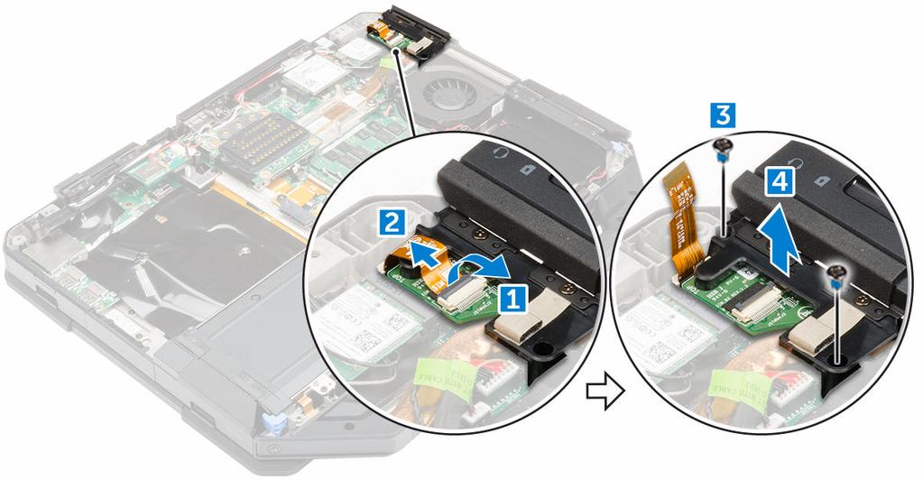 Bo mạch SIM (Mô-đun Nhận dạng Thuê bao) Tháo mô-đun SIM 1. Làm theo quy trình trong Trước khi thao tác bên trong máy tính. 2. Tháo: a. pin b. ổ đĩa cứng c. ổ đĩa quang d. nắp đế 3.