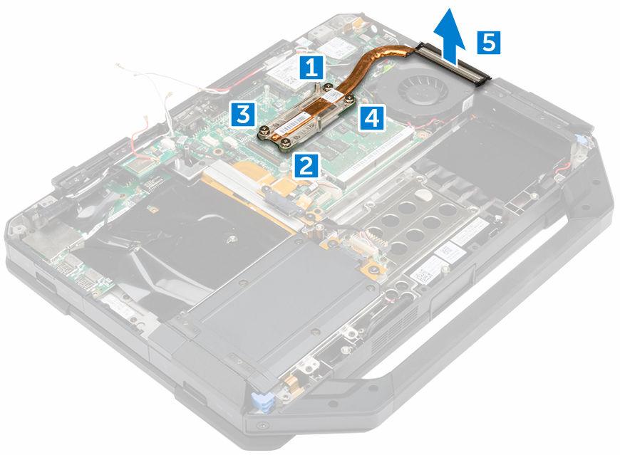 Tản nhiệt Tháo tản nhiệt 1. Làm theo quy trình trong Trước khi thao tác bên trong máy tính. 2. Tháo: a. pin b. ổ đĩa cứng c. ổ đĩa quang d. nắp đế e. bo mạch gắn đế f. bo mạch GPU g. mô-đun SIM 3.