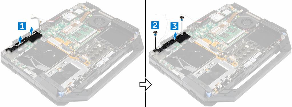5. Lắp đặt: a. nắp đế b. ổ đĩa quang c. ổ đĩa cứng d. pin 6. Làm theo quy trình trong Sau khi thao tác bên trong máy tính. Giá đỡ cáp RF Tháo giá đỡ RF 1.