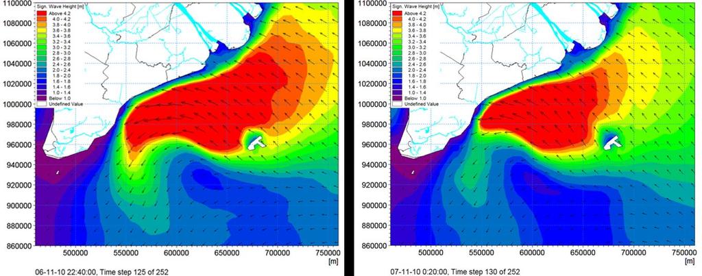 III.4 Kết quả mô phỏng sóng, nước dâng do bão ven biển Đông ĐBSCL III.4.1 Kết quả mô phỏng sóng Kết quả trường phân bố chiều cao sóng khu vực nghiên cứu tại các thời điểm trước khi bão đổ bộ, sắp đổ bộ và lúc bão đổ bộ thể hiện trên các Hình 10 Hình 11.