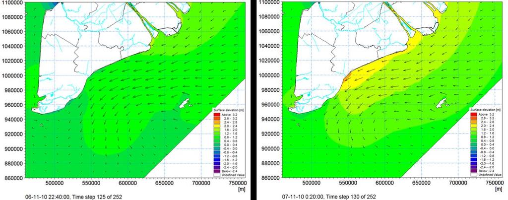 Hình 14. Mực nước thời điểm trước khi bão đổ bộ (phải) và thời điểm bão sắp đổ bộ (trái) tại khu vực nghiên cứu. IV. Kết luận Hình 15. Mực nước thời điểm khi bão đổ bộ tại khu vực nghiên cứu.