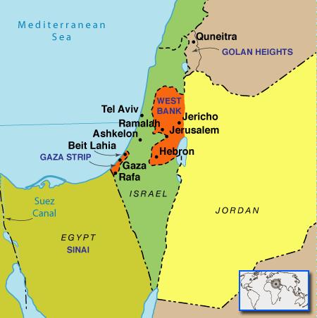 Bản đồ Israel và các nước lân cận. Hai vùng tô màu cam là West Bank và giải Gaza (Gaza Strip) là thuộc chính quyền Palestine.