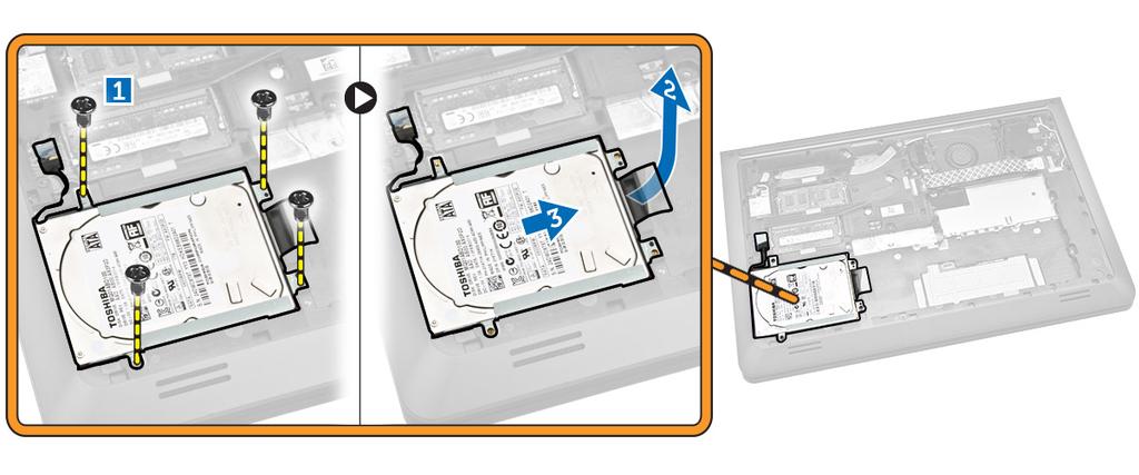 Thực hiện các bước như thể hiện trong hình minh họa: a. Vặn lỏng con vít đang giữ chặt ổ đĩa cứng vào máy tính [1]. b. Nhấc ổ đĩa cứng lên một phần theo góc 45 độ [2].