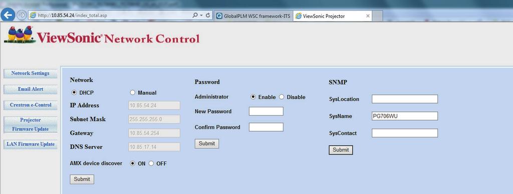 yêu cầu mật khẩu của Quản trị viên. Mật khẩu mặc định là "0000". 2. Trang này cho phép bạn điều chỉnh các cài đặt AMX và SNMP.