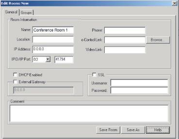 Crestron RoomView Trên trang "Edit Room" (Sửa Phòng), nhập IP Address (Địa chỉ IP) (hoặc tên máy chủ) như được hiển thị trên menu hiển thị trên màn hình (OSD) và "02" cho IPID, "41794" cho cổng điều