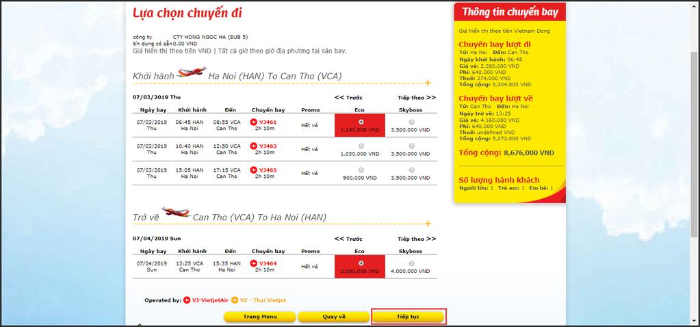 Hình. HTDV02 Giao diện tìm kiếm và lựa chọn chuyến bay của Vietjet Bước 4 Thông tin khách hàng: Sau khi chọn chính xác chuyến bay mà TKT muốn đặt