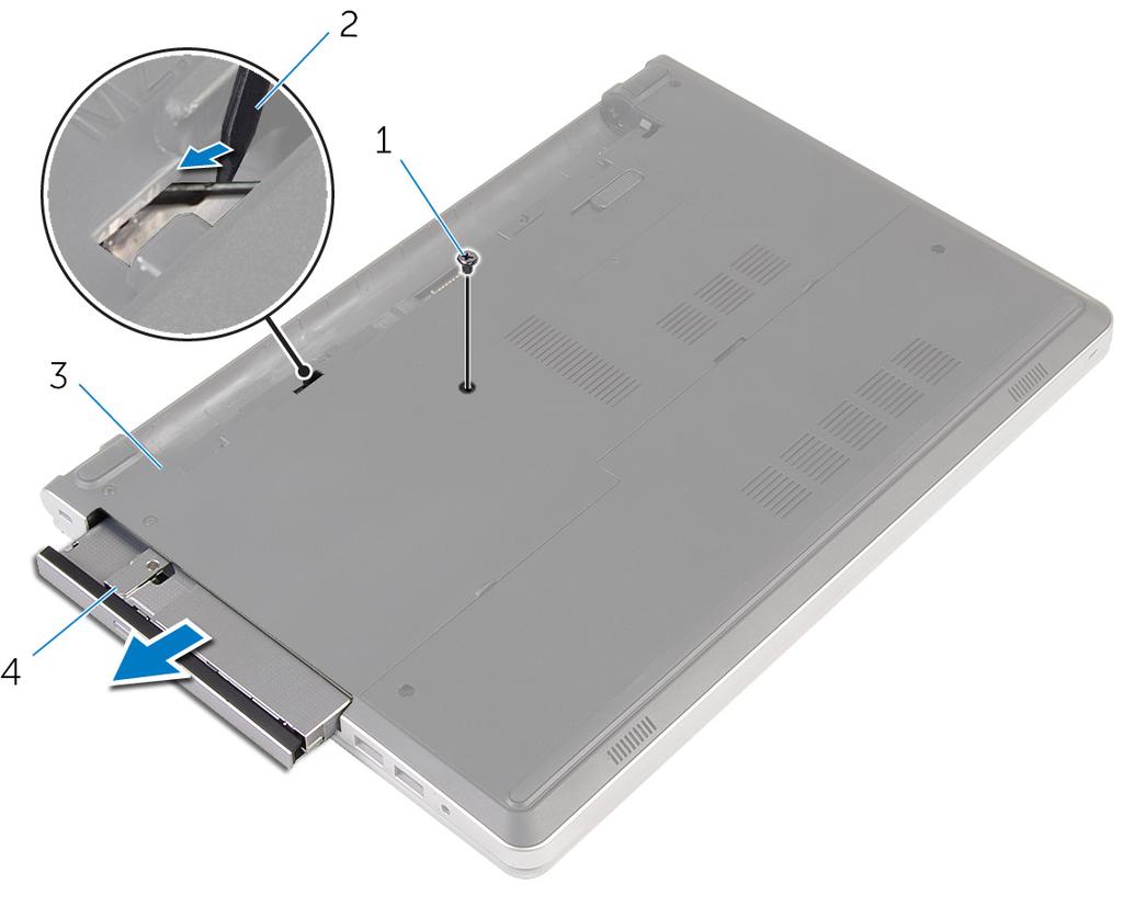 2 Dùng que nhựa mũi nhọn hãy trượt cụm ổ đĩa quang ra khỏi khoang ổ đĩa quang.