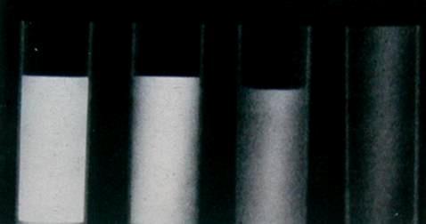 Hình ảnh 4 dung dịch khác nhau trên phim Calcium Nước Mỡ Không khí Ống chứa calci chặn tia X: hình ảnh màu trắng