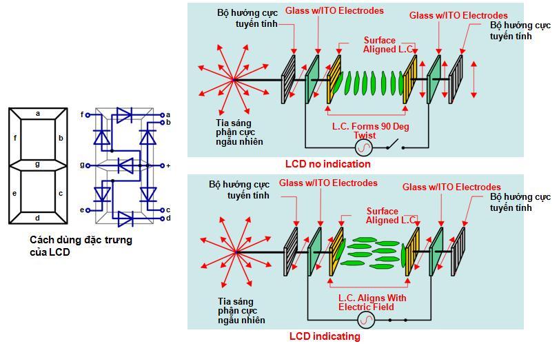 LCD Bên c nh LED thì LCD c ng c s d ng th hi n các thông tin ví d nh th i gian, t c xe LCD c làm t các tinh th c bi t, nó có th thay i s ph i chi u khi có dòng n.