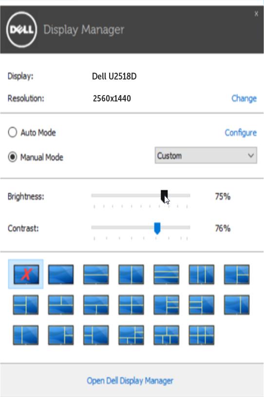 Sử dụng Hô p Thoa i Ca i Đặt Nhanh Nhâ p vào biểu tượng khay thông báo của Dell Display Manager sẽ mở ra hộp thoa i Ca i Đặt Nhanh.