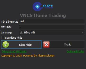 4. Đăng nhập hệ thống Sau khi cài đặt thành công, trên màn hình desktop, nhấp chuột vào biểu tượng VNCS Home Trading để mở màn hình đăng nhập như sau: 4.1.