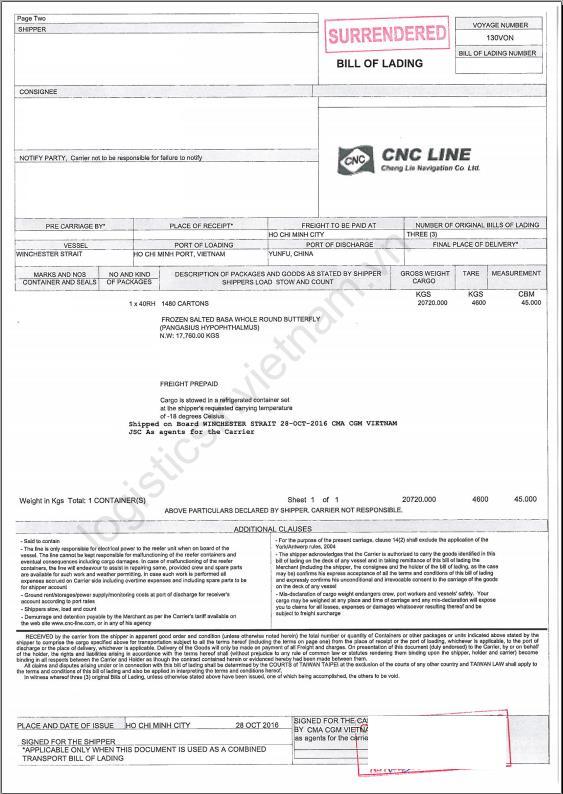 Mẫu Surrendered bill của hãng tàu CNC Một khái niệm khác đó là Seaway B/L: Là vận đơn mà hãng tàu phát hành cho khách hàng của mình khi họ thanh toán đầy đủ các chi phí cho lô hàng.