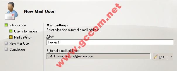 Trong cửa sổ Mail setting bạn add địa chỉ mail của user này đã cung cấp vào ô External email address