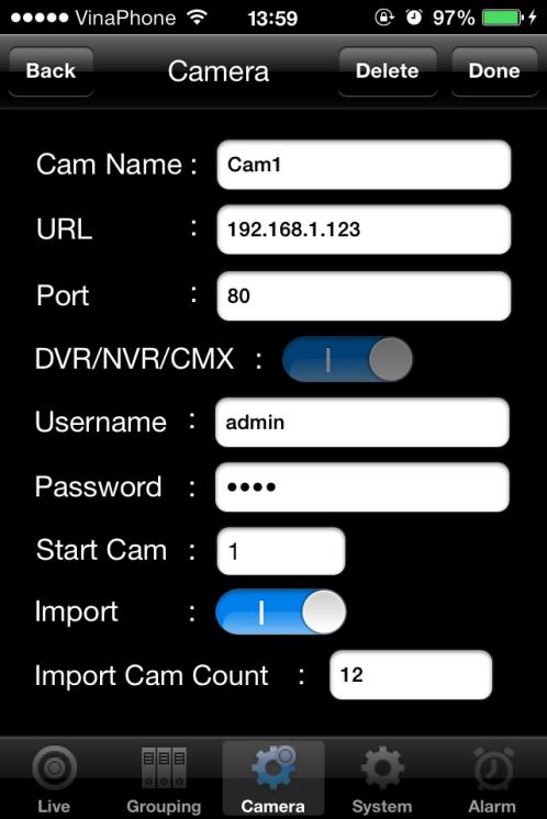 DVR/NVR/CMX nhập tên truy cập và mật