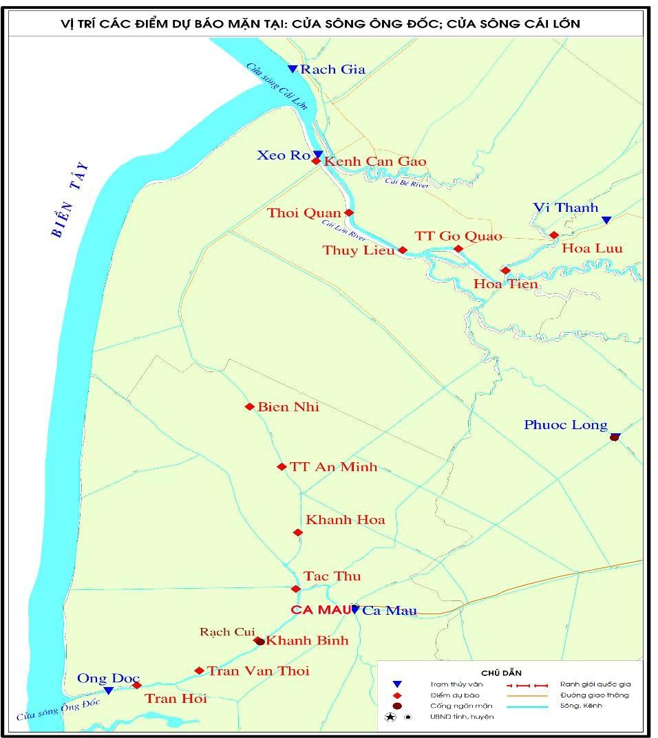 Hình 7. Vị trí các điểm dự báo mặn tại sông Ông Đốc và sông Cái Lớn 3.2.10.