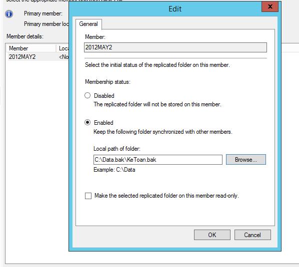 Make the selected replicated folder on this member read-only: Nếu check vào folder này thì permission trên folder KeToan.