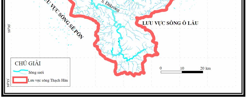 1:Sơ đồ lưu vực sông Thạch Hãn 1.1.2 Đặc điểm địa hình Lưu vực sông Thạch Hãn có thể phân chia thành các vùng địa hình như sau: vùng cát ven biển, vùng đồng bằng, vùng núi thấp và đồi, vùng núi cao [12].