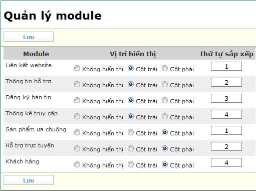 (Hình 45) Tùy chọn này giúp Quý khách tùy chỉnh ẩn, hiện, vị trí và thứ tự sắp xếp của các module. - Module: danh sách các module mà website đang có.