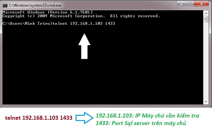 3. 2 KIỂM TRA SERVICE SQLSERVER MÁY CHỦ CÓ CHO PHÉP CLIENT KẾT NỐI - Bước 1: Ở máy con Run gõ cmd OK - Bước 2: Trên màn hình Command Line "CMD", chúng ta thực hiện lệnh Telnet để kiểm tra máy con kết