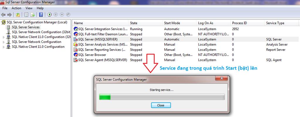- Bước 3: Màn hình bên phải hiện ra nhiều dịch vụ của Sql server, tuy nhiên chúng ta chỉ quan tâm đến service của Sql server (MSSQLSERVER) có đang hoạt