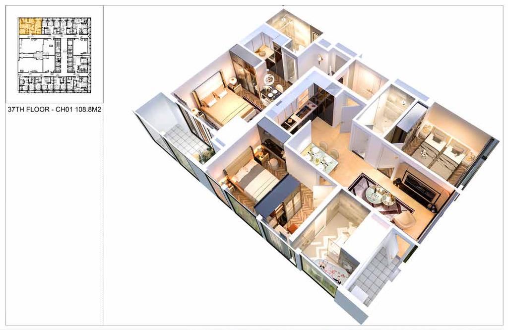 MAXIM 01 Tầng 31-37 Căn hộ 3 phòng ngủ Diện tích: 108.8m² Lối vào : 4 m² Phòng Khách : 20 m² Phòng Bếp : 5.5 m² Phòng Ngủ Master : 16.4 m² Phòng Ngủ : 11.