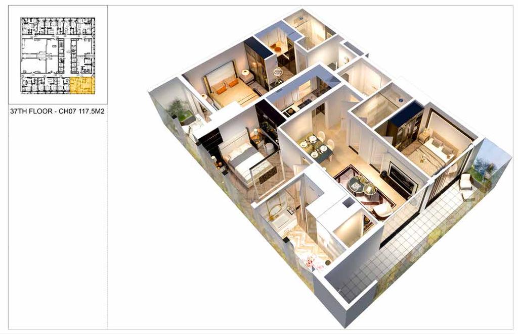 MAXIM 07 Tầng 31-37 Căn hộ 3 phòng ngủ Diện tích: 117.5m² Lối vào : 3.7 m² Phòng Khách : 21.6 m² Phòng Bếp : 5.5 m² Phòng Ngủ Master : 17 m² Phòng Ngủ : 10.
