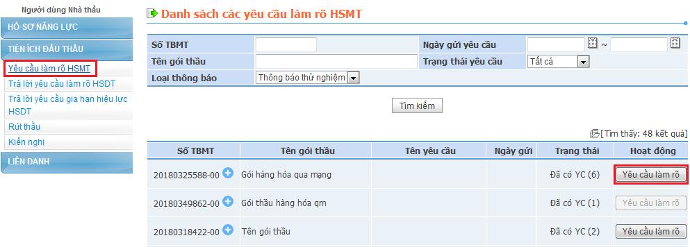 Nhấp vào dấu - để thu lại các yêu cầu làm rõ HSMT. - Nhấp vào nút Xem để xem nội dung hỏi đáp của YCLR HSMT tương ứng.