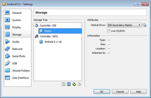 Storage > nhấn biểu tượng file đĩa CD ở mục Controller: IDE và chọn file ISO của hệ điều hành Android vừa tải