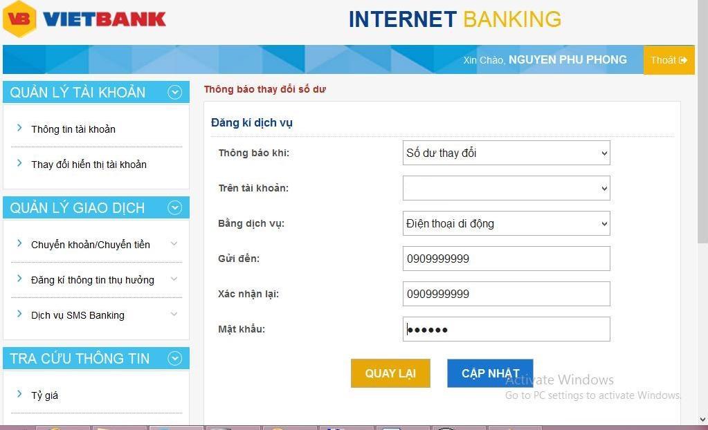 IV. Dịch vụ SMS Banking 1. Thông báo thay đổi số dư. Chọn Quản lý giao dịch/dịch vụ SMS Banking/Thông báo thay đổi số dư hiển thị màn hình soạn thảo thông tin đăng ký dịch vụ: 1.