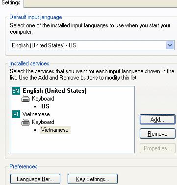 - Chỉ định bàn phím Anh hay Việt là mặc định mỗi khi chạy Windows (Default input language). - Chỉ định phím tắt để chuyển đổi bàn phím (Key Settings).