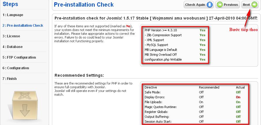 Cài Thiết đặt kế và lập trình Joomla Web Bước 2: joomla sẽ kiểm