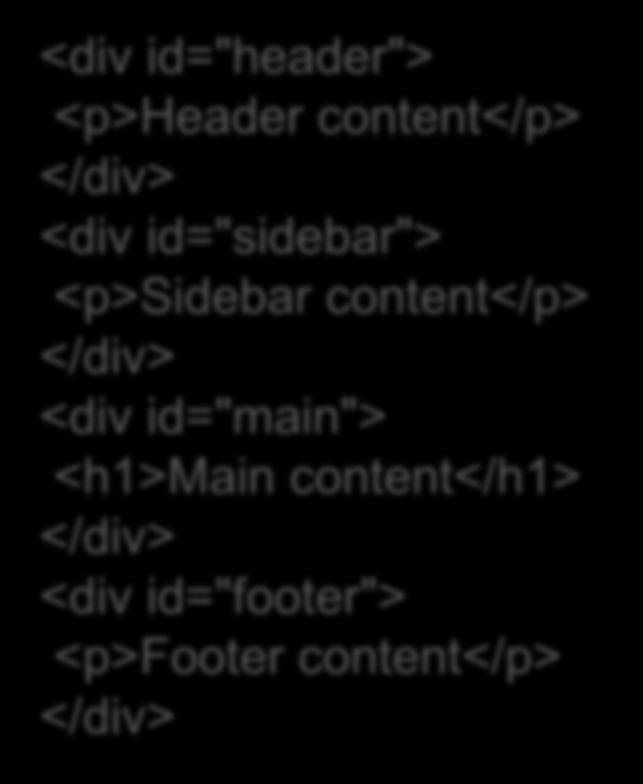 Ví dụ xây dựng layout web đơn giản với thẻ div Bố cục của trang gồm 4 phần header, sidebar, main, footer Mỗi phần được xác định bẳng thẻ div và thuộc tính id <div id="header"> <p>header