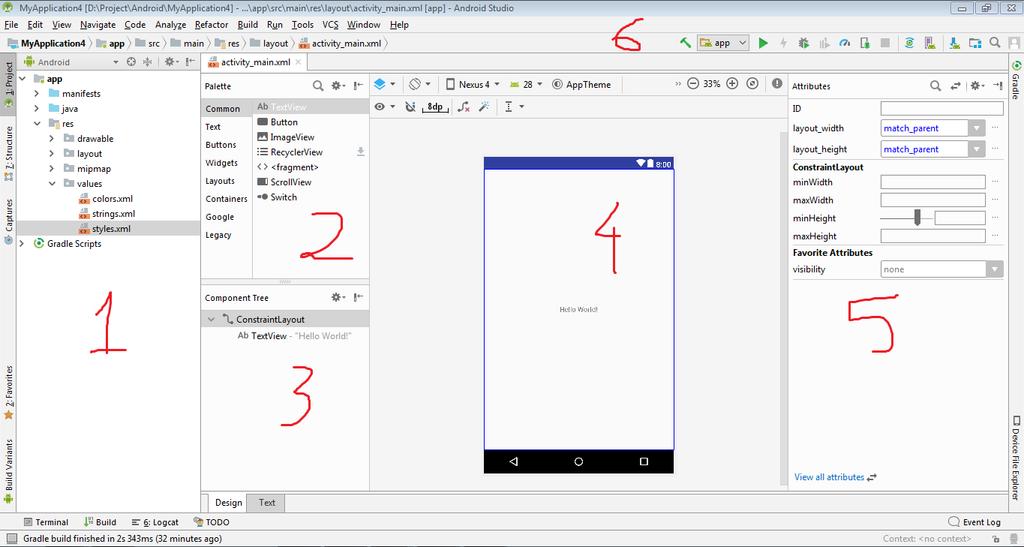 3. Màn hình làm việc của dự án Android Studio Theo mặc định Android Studio hiển thị các files trong project theo góc nhìn Android.