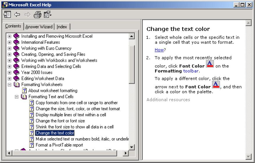 MS Excel Help: Hướng dẫn cách thay đổi màu chữ Trợ giúp Microsoft Excel-Thẻ Answer Wizard Trong thẻ Answer Wizard,