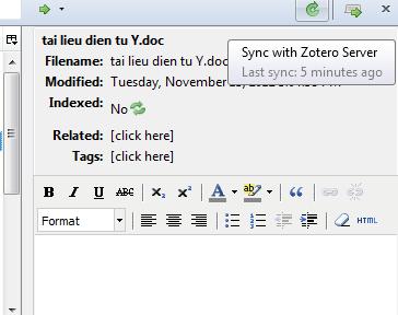 Đô ng bô tài liệu Mục đích: tập hợp tất cả các tài liệu thu thập được khi làm việc với Zotero ở các máy tính khác nhau Lưu ý: không đồng bộ các file đính ke m Thao tác: Click chuột vào