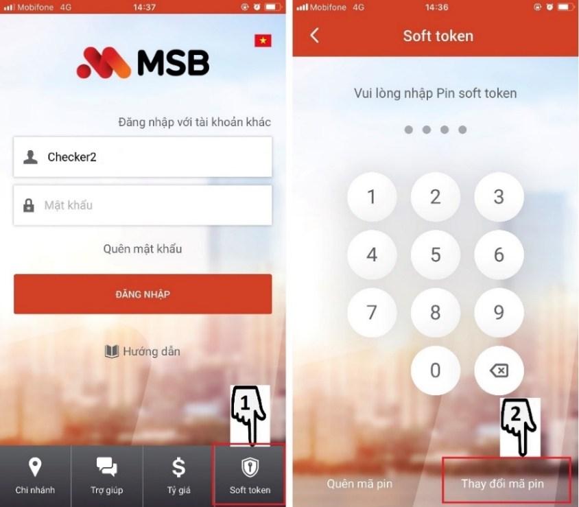 MSB khuyến nghị khách hàng thay đổi mã PIN Soft Token theo các bước như sau: - Bước 1: Chạm vào biểu