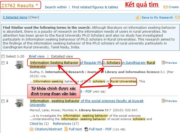 Kết quả tìm kiếm: 3..6 Look Up Citation Tìm tài liệu theo thông tin trích dẫn. Cách tìm này giúp người tìm tin tìm chính xác tài liệu theo yêu cầu.