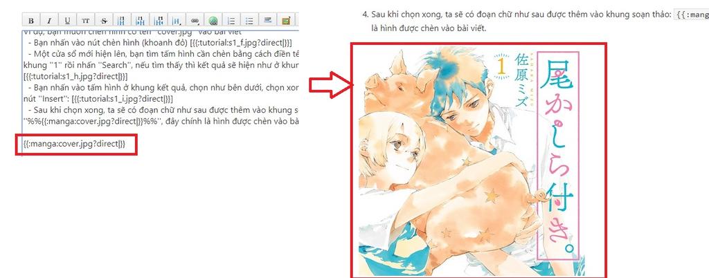 tutorial 1. Để chèn hình có kích thước chiều dài 120px, chỉnh đoạn chữ ở bước trước đó thành {{:manga:cover.jpg?direct&120 }} 2.