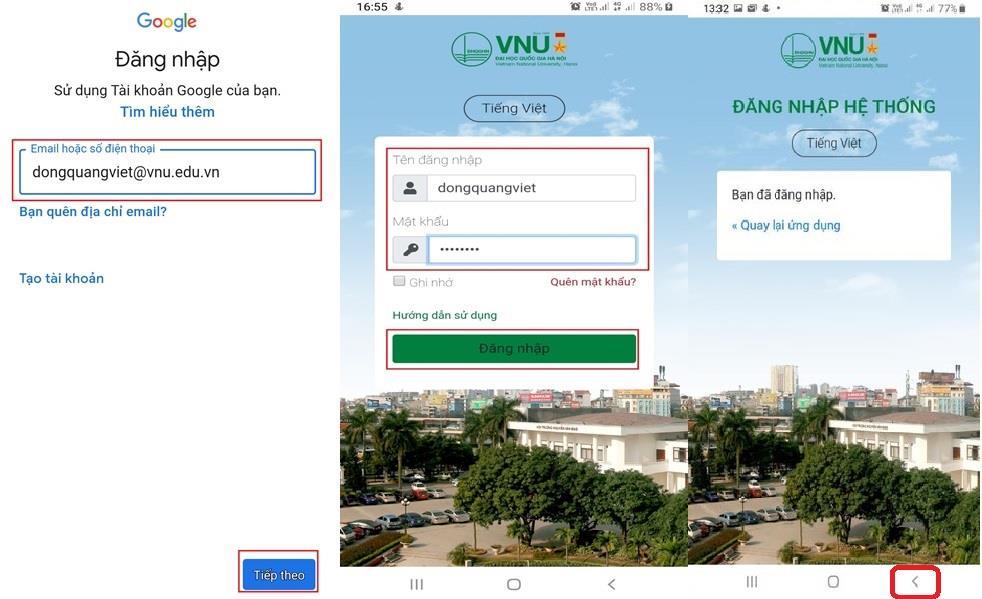 Nhập địa chỉ email VNU theo như hình bên dưới sau đó nhấn Tiếp theo, giao diện đăng nhập một lần của hệ thống xuất hiện.