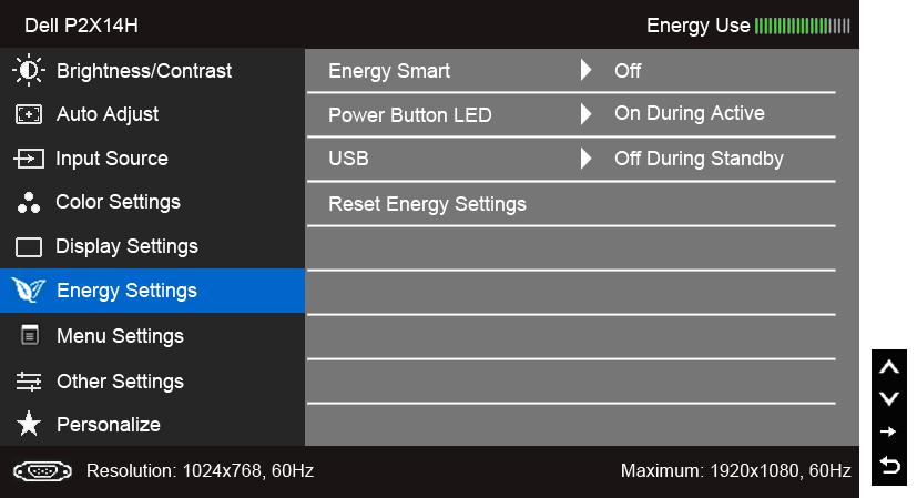 Energy Settings (Thiết đặt năng lượng) Energy Smart (Năng lượng thông minh) Để bật hoặc tắt tính năng làm mờ linh động.